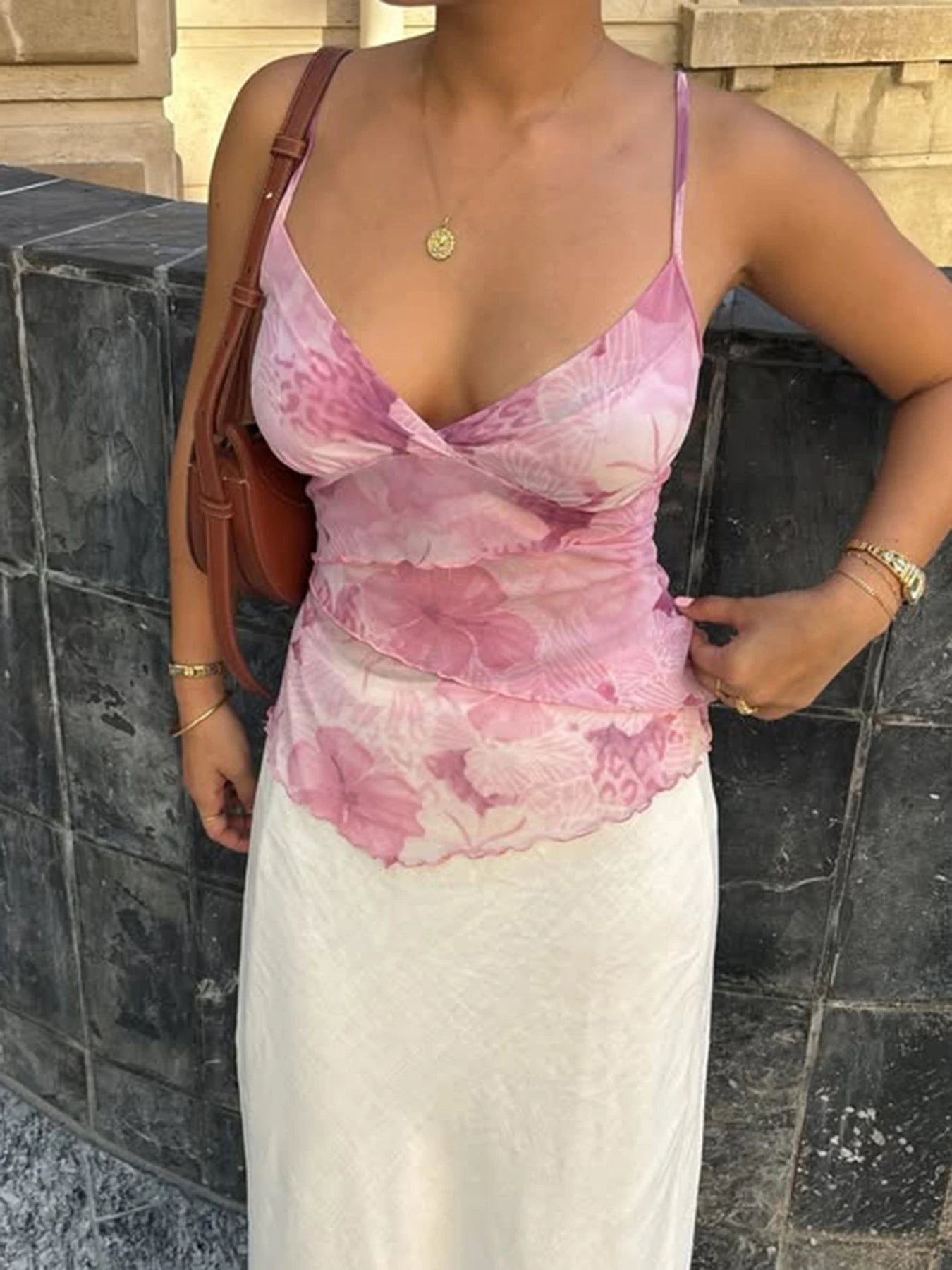 fashion Floral Print   Deep V-neck Camisole Backless Basic Streetwear 90s Slim Crop Tank Top Fashion Casual  Retro Vest