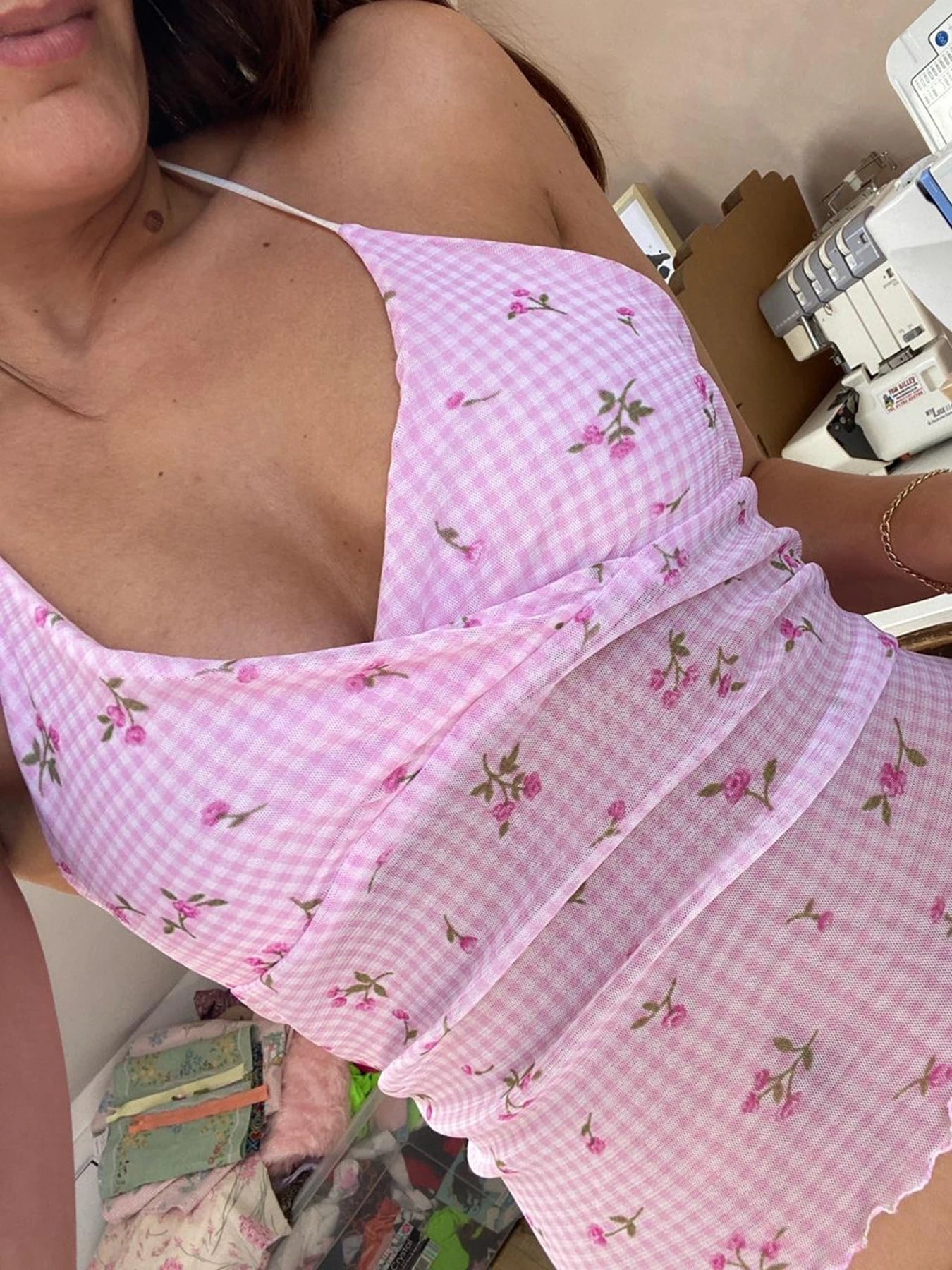 fashionSexy Plaid Floral Print Halter Neck Backless Sleeveless Bow Hottie Slim Sweet Camisole Streetwear Y2k Crop Top