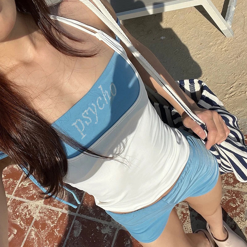 fashionColor Contrast Sexy Slim Two Pieces Top Letter Diamond Lace-up Casual Streetwear Clothes Halter Backless Outfits