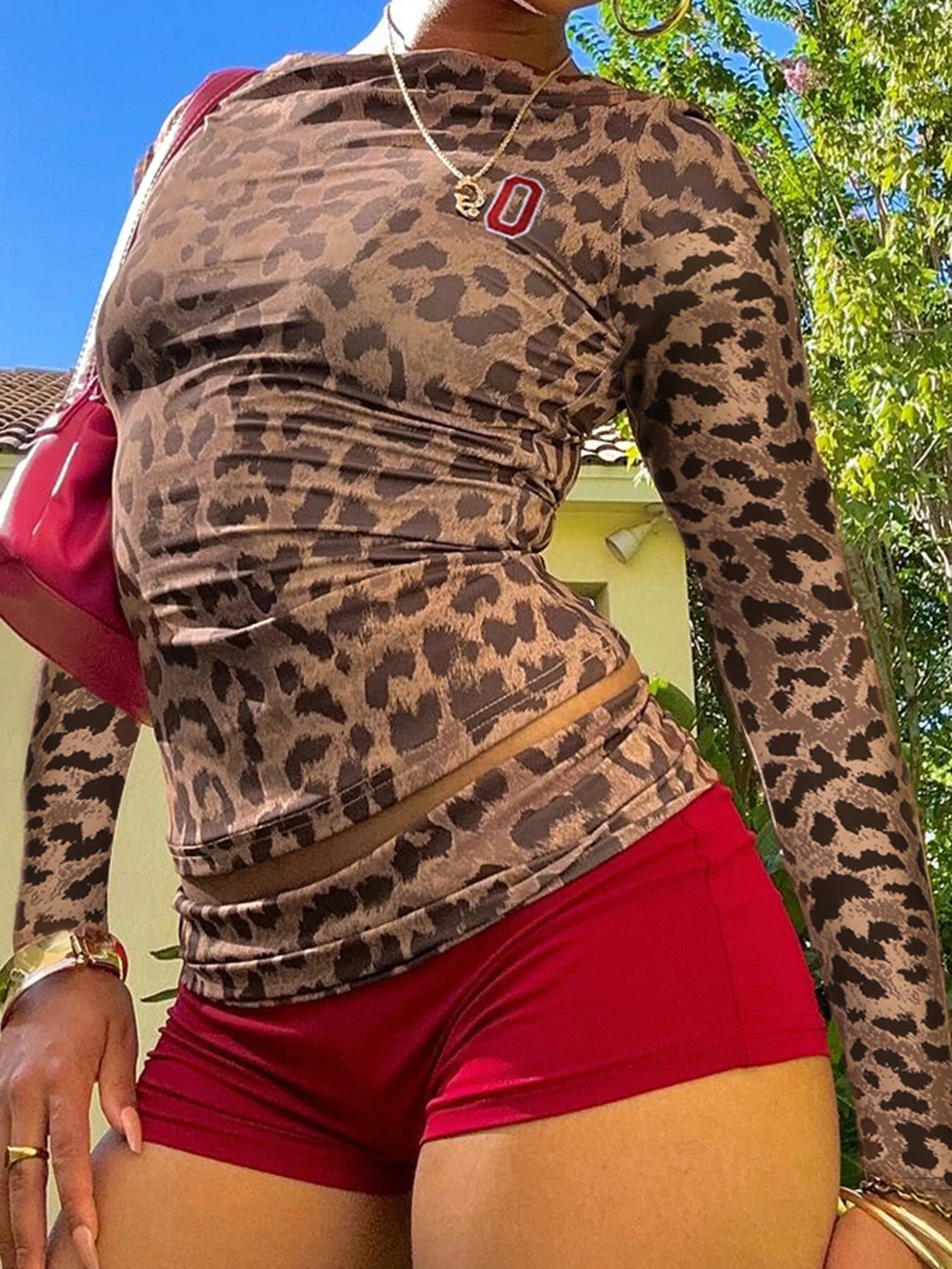 fashion Crewneck Y2K Vintage Two Pieces of Sets Leopard Print Tee Shirts anf Patchwork Shorts Outfits Women's Slim Cloth