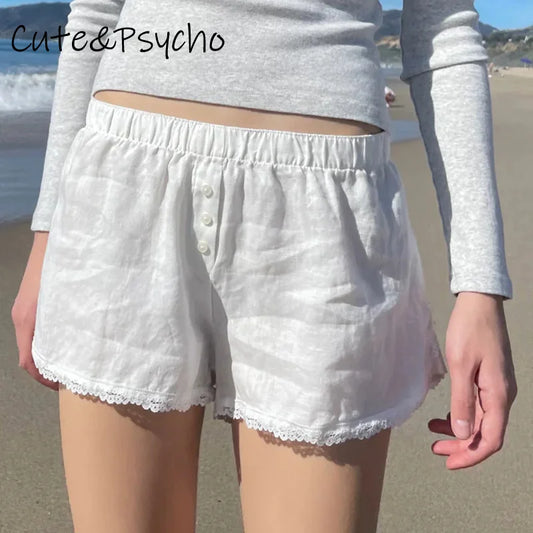 fashion Leisure Loose White Shorts Fashion Lace Patchwork Casual Aesthetic Bottoms Korean Vintage Cute Grunge Outfits 90s