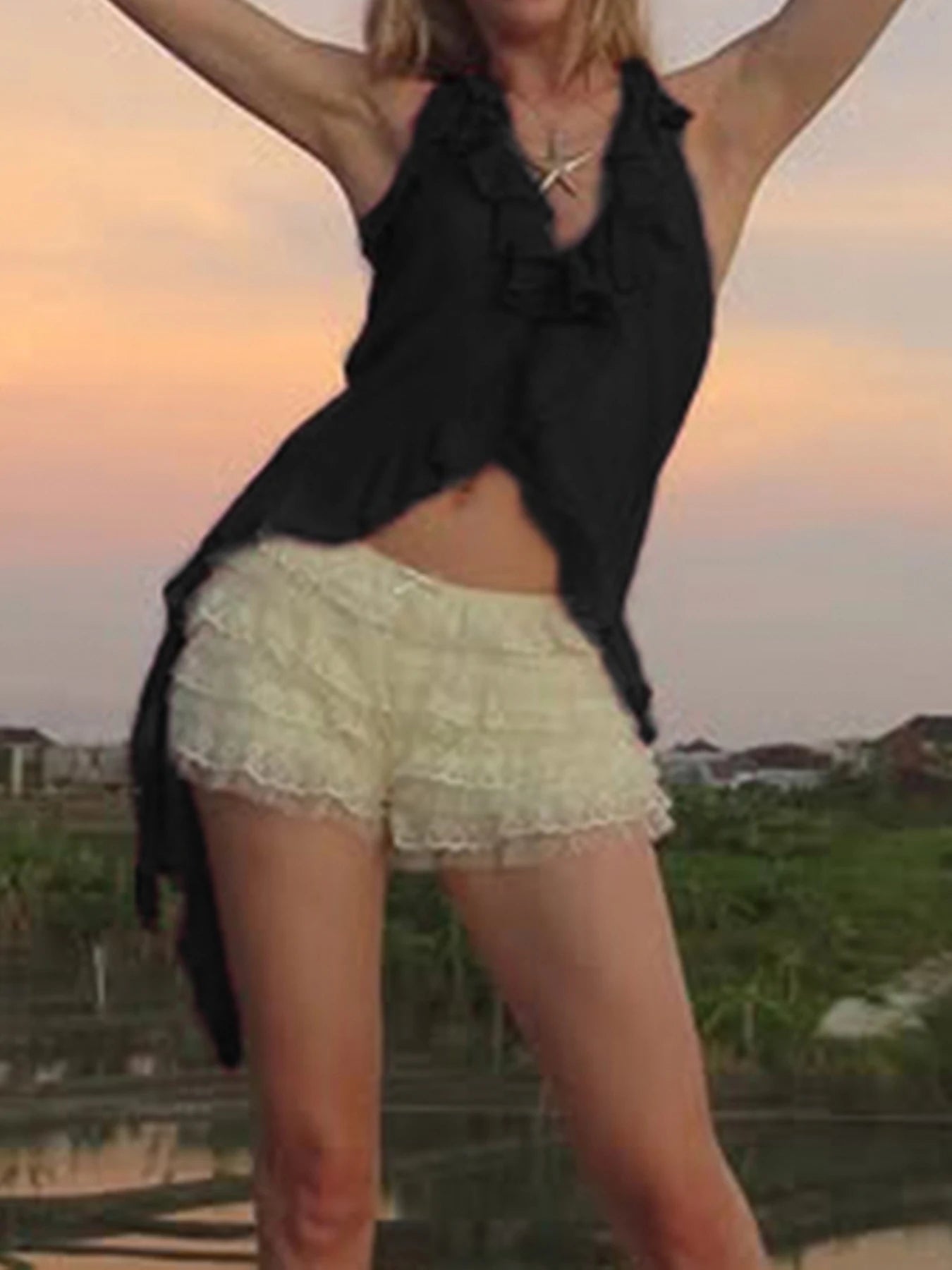 fashionStringy Selvedge Vacation Halter Camisole Irregular Sexy Slim Cropped Solid Backless Clothings Bodycon Chic Top