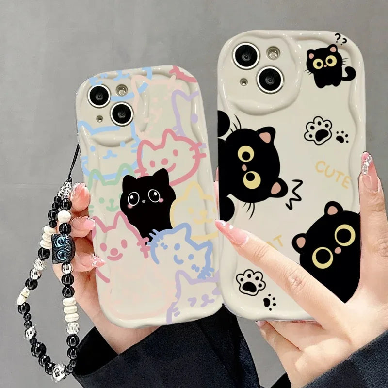 Phone Case For Google Pixel 10 7 8 9 Pro XL 8A  Silicone Wavy Edge Cute Black Cat With Wrist Strap Lanyard Chain Hot Cover Shell