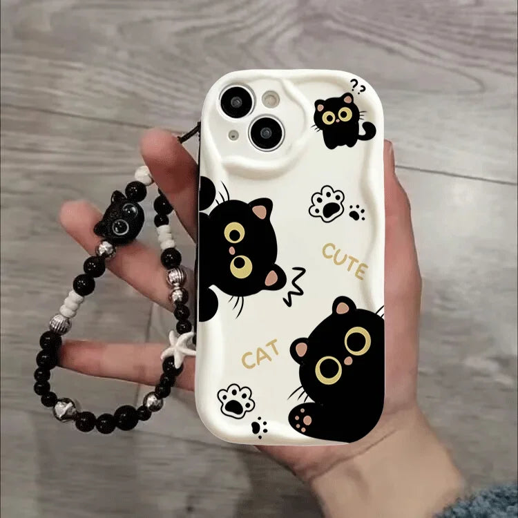 Phone Case For Google Pixel 10 7 8 9 Pro XL 8A  Silicone Wavy Edge Cute Black Cat With Wrist Strap Lanyard Chain Hot Cover Shell