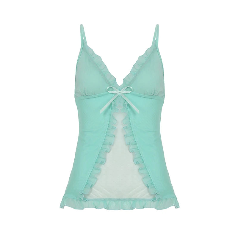 fashionV-neck Mesh Bow Sexy Camisole Chic Summer Sleeveless Chic Vintage Bodycon Bustiers Off Shoulder Hottie 90s Top