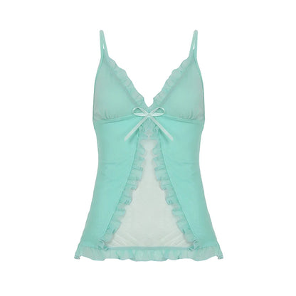 fashionV-neck Mesh Bow Sexy Camisole Chic Summer Sleeveless Chic Vintage Bodycon Bustiers Off Shoulder Hottie 90s Top