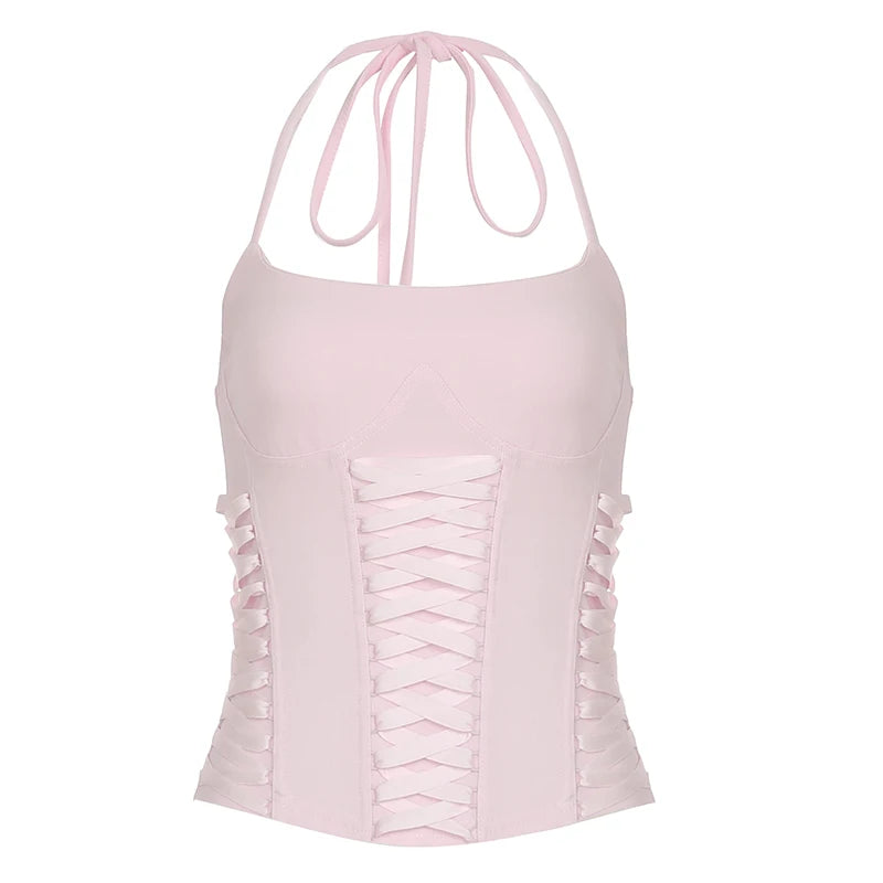 fashionFashion Halter Backless Solid Tops Bandage Basic Sexy Streetwear Slim Chic Vest Casual 90s Y2k Vacation Outfits