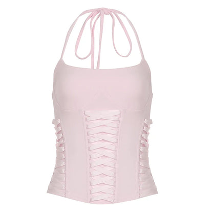 fashionFashion Halter Backless Solid Tops Bandage Basic Sexy Streetwear Slim Chic Vest Casual 90s Y2k Vacation Outfits