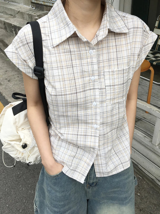 fashion Basic Plaid Print All-match Blouses Casual Retro Vintage Streetwear 90s Tops Baggy Button Fashion Lapel Clothings