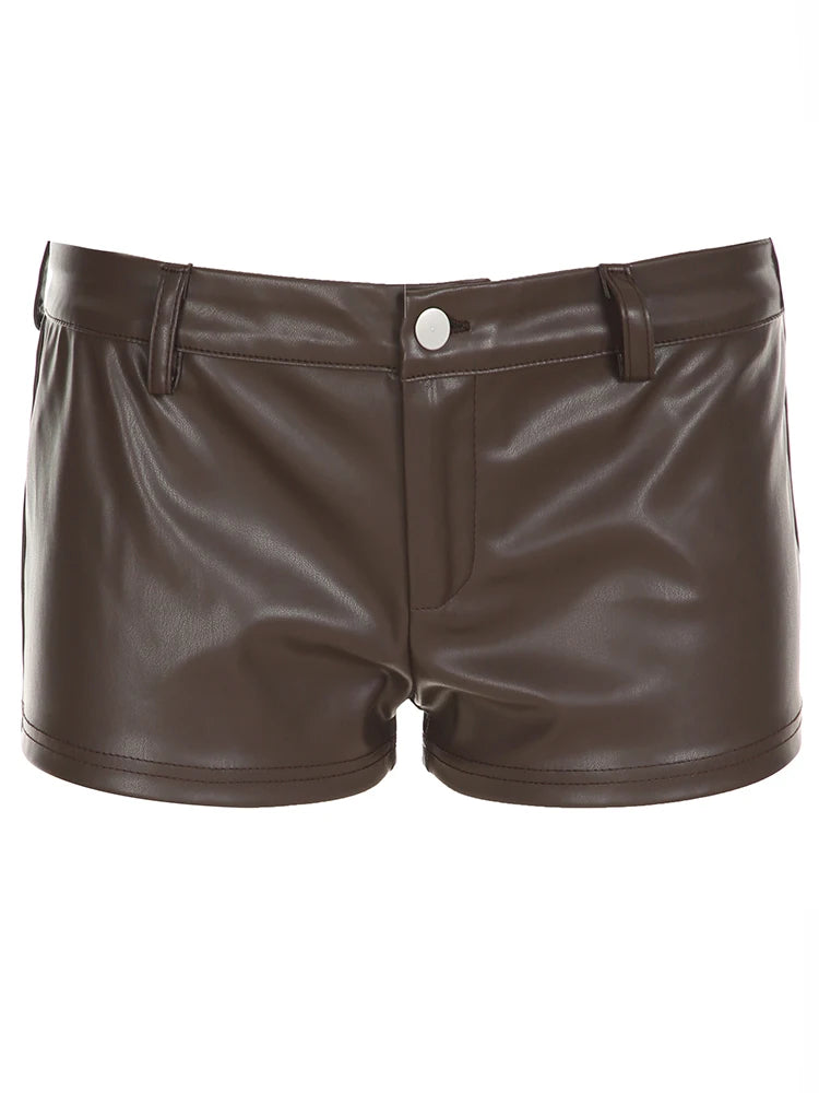 fashionLow Waisted Mini Leather Shorts Vintage Chic Furry Belts Casual Y2K Aesthetic Fashion Elastic Waist Bottoms