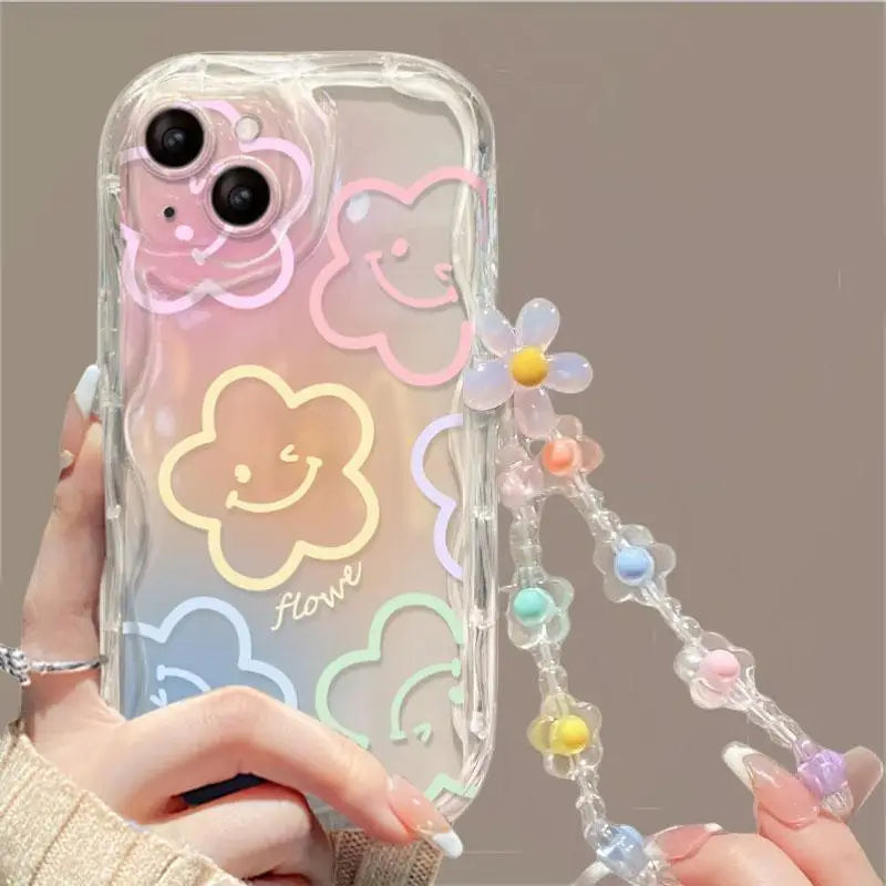 3D Flower Chain Lanyard Phone Case For Redmi Note 13 Pro Plus 5G 13C 4G Soft Wavy Edge Oil Painting Flowers Protective Cover