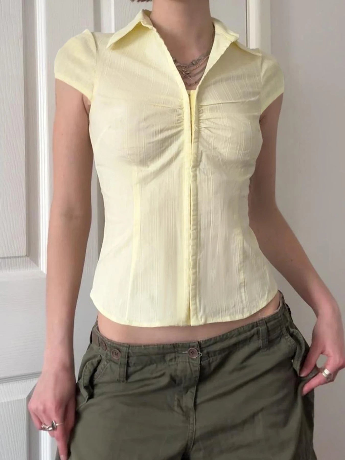 fashionHook V-neck Solid Fold Blouses Casual Streetwear Vintage 90s Short Sleeved Summer Tees Vintage Slim Sexy Tops