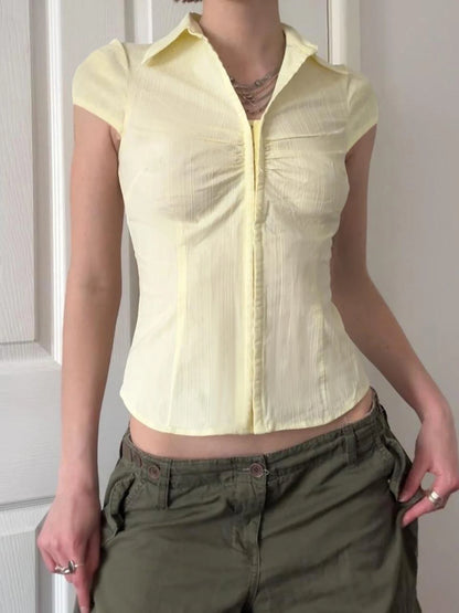 fashionHook V-neck Solid Fold Blouses Casual Streetwear Vintage 90s Short Sleeved Summer Tees Vintage Slim Sexy Tops