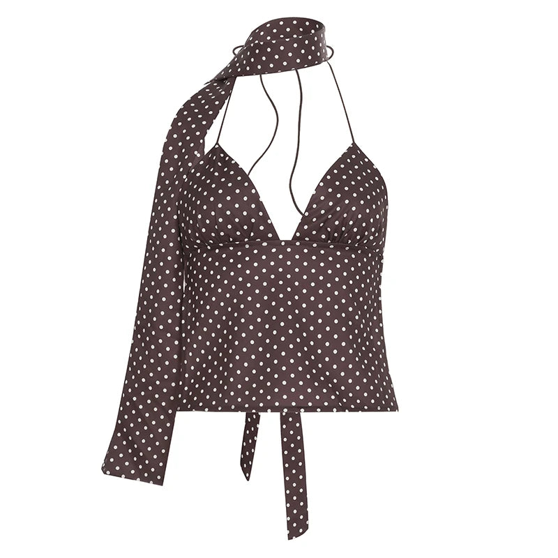 fashion Backless Dot Print Camisole Y2K Vintage Sexy Clubwear Korean Party Outfits 90s Aesthetic Halter Neck Clothes