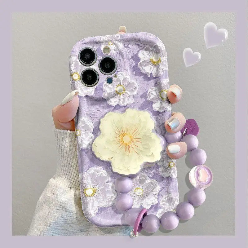 3D Flower Chain Lanyard Phone Case For Redmi Note 13 Pro Plus 5G 13C 4G Soft Wavy Edge Oil Painting Flowers Protective Cover