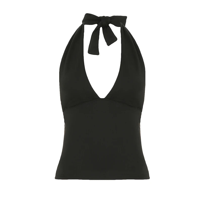 fashionSexy Deep V-neck Solid Halter Neck Backless Bow Polka Dot Elastic Bodycon Camisole Fashion Streetwear Corset Top