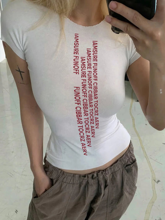 fashion Solid Slim Letter Print Women's Clothing Casual All-match Harajuku Fashion Basic Top Korean Aesthetic Clothings
