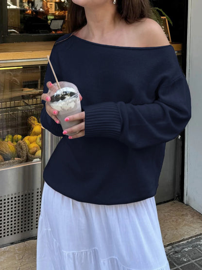 fashion Skew Collar Solid Knit Pullovers Autumn Fashion Casual Loose Sweaters All-match Korean Chic Women's Outfits 90s