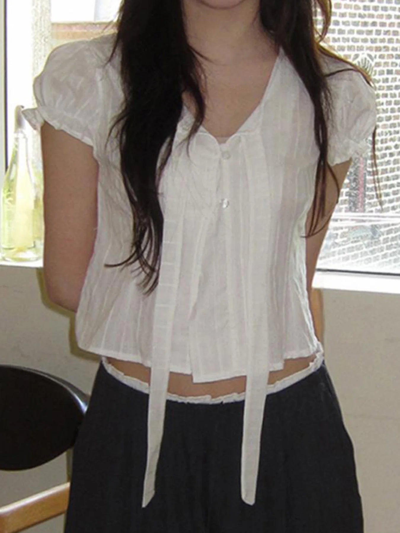 fashionPuff Sleeve Sexy Solid Lace-up T-shirt Slim Crop Short Sleeved Summer Streetwear Sweet Clothings Button Casual Top