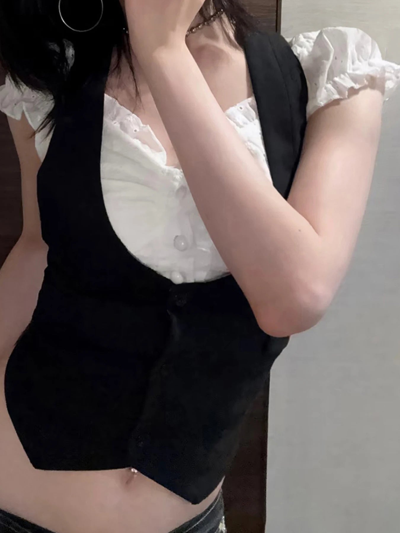 fashionFake Two Pieces Color Contrast T-shirt Button Slim Sexy Casual Crop Top Streetwear Basic Sweet Bodycon Clothings