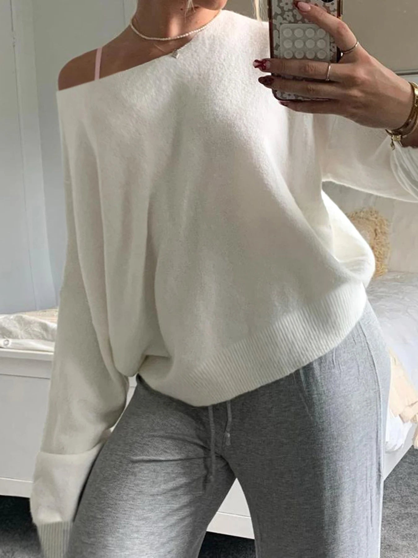 fashion Skew Collar Solid Knit Pullovers Autumn Fashion Casual Loose Sweaters All-match Korean Chic Women's Outfits 90s