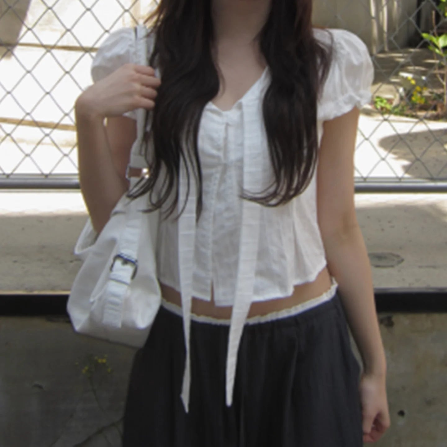 fashionPuff Sleeve Sexy Solid Lace-up T-shirt Slim Crop Short Sleeved Summer Streetwear Sweet Clothings Button Casual Top