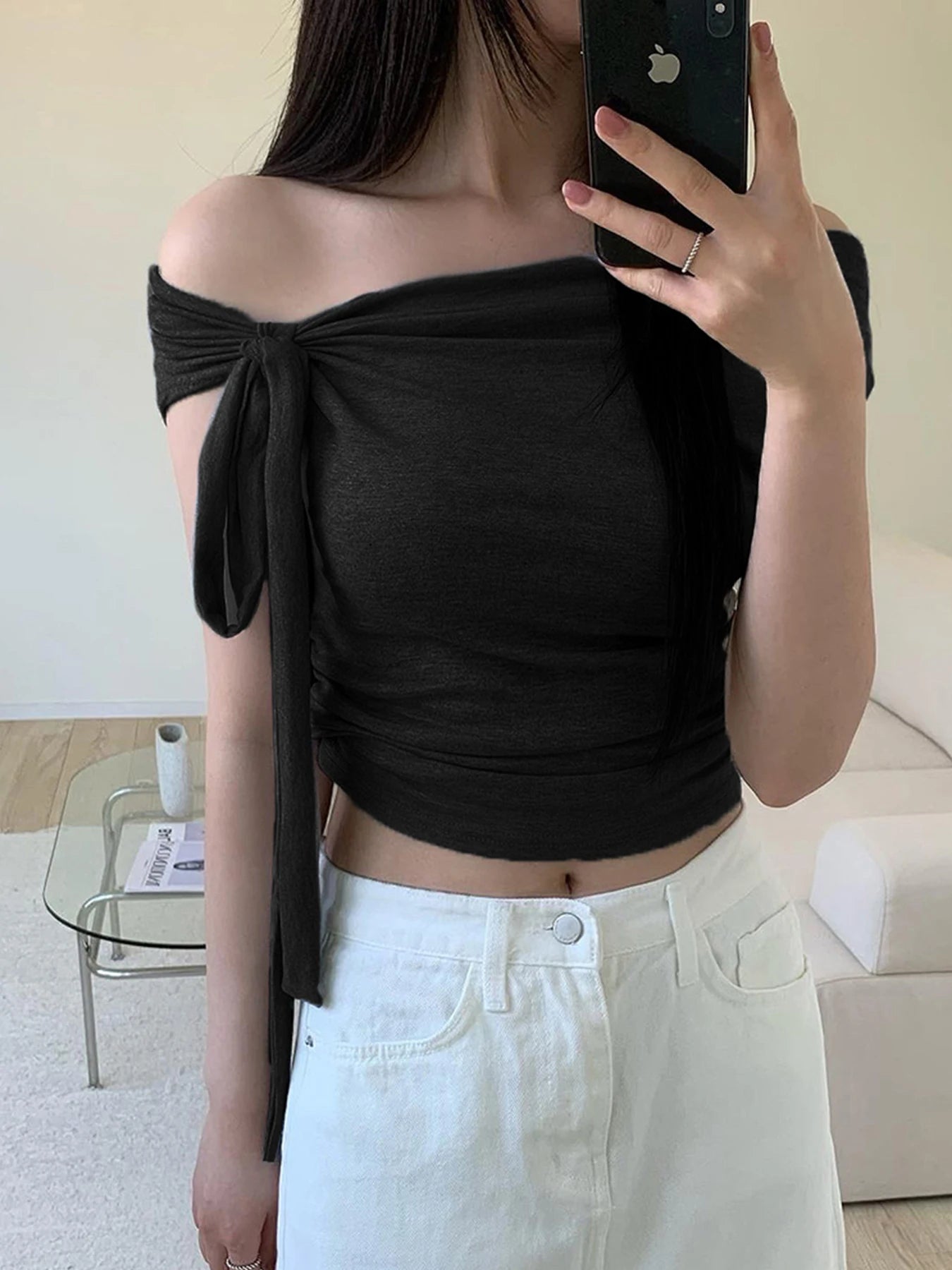 fashionIrregular Knotting Slash Neck Solid Tops Casual Slim Chic Fashion Women's Clothing Streetwear Elastic Outfits