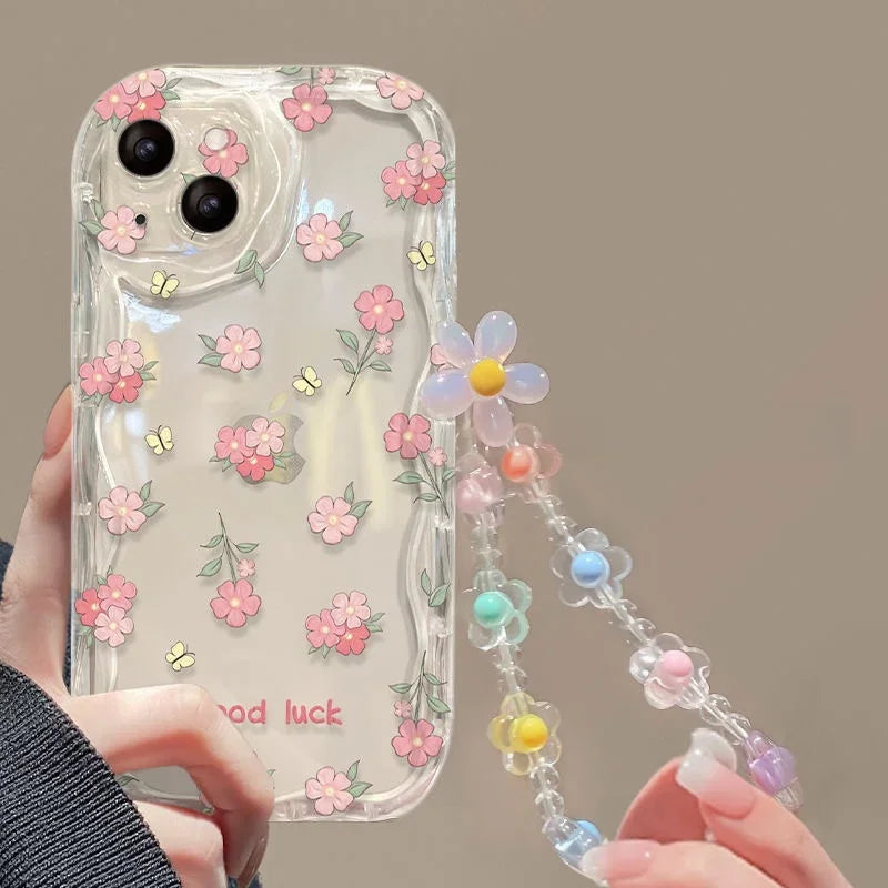 3D Flower Chain Lanyard Phone Case For Redmi Note 13 Pro Plus 5G 13C 4G Soft Wavy Edge Oil Painting Flowers Protective Cover