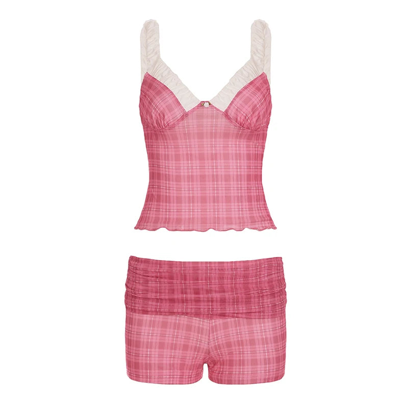 fashionTwo-Piece Set Plaid Print Y2K Sexy Camisole and Shorts Outfits for Women Clubwear 90s Fashion Korean Summer Suits