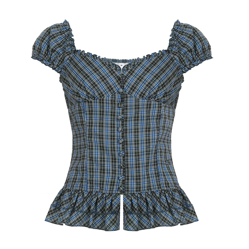 fashionFrench Plaid Print Slim Sexy Blouses Square Collar Button Chic Bodycon Hottie Top Vintage Fashion Fold Clothes