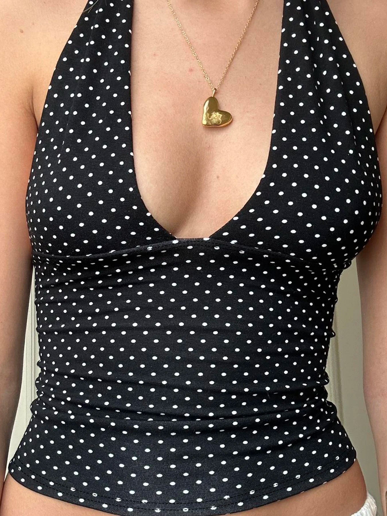 fashionSexy Deep V-neck Solid Halter Neck Backless Bow Polka Dot Elastic Bodycon Camisole Fashion Streetwear Corset Top