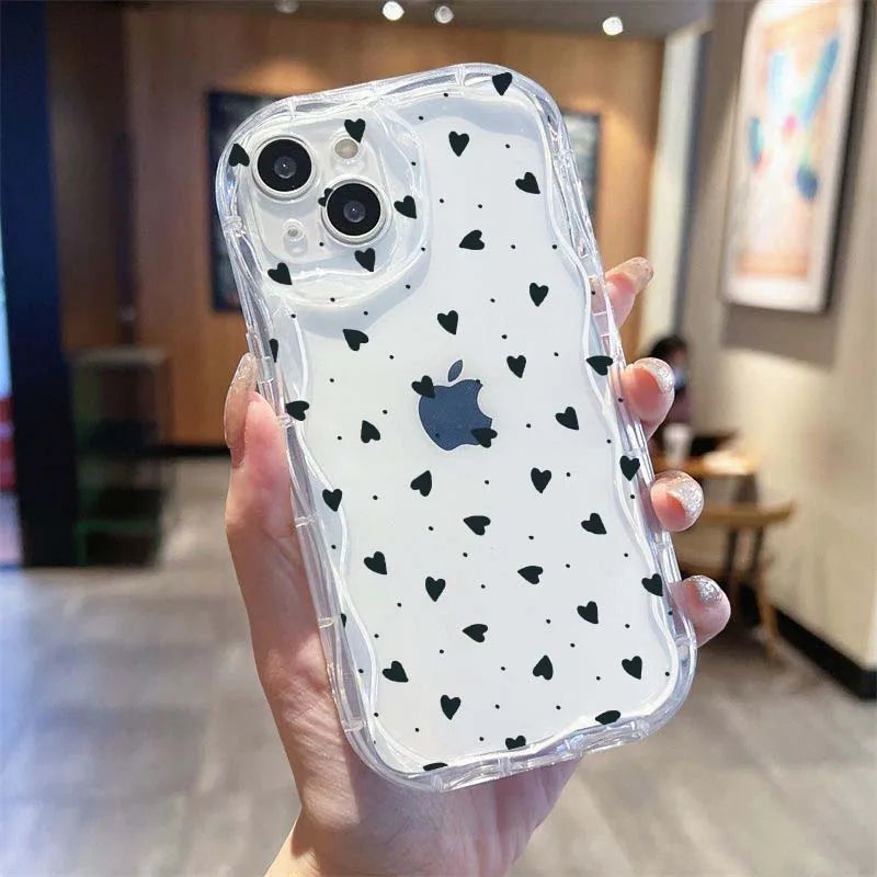 Flower Love Heart Cherry Phone Case For IPhone 16 15 Pro Max 14 11 13 12 Mini XR 8 7 Plus X XS SE 2020 2022 Soft Wavy Edge Cover