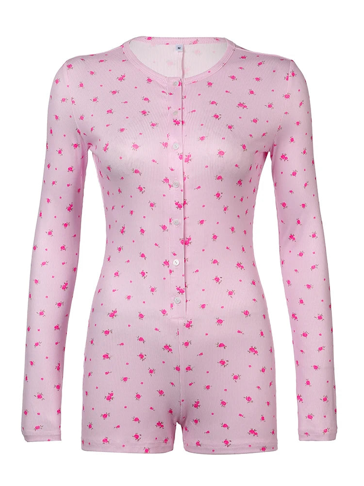 fashion Floral Print Chic Rompers for Women Aesthetic Crewneck 2000s Long Sleeves Jumpsuits Sweet Korean Harajuku Cloth