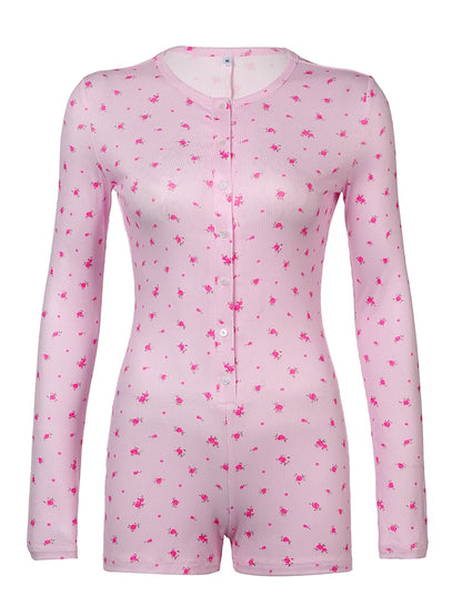 fashion Floral Print Chic Rompers for Women Aesthetic Crewneck 2000s Long Sleeves Jumpsuits Sweet Korean Harajuku Cloth