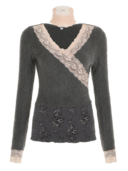 fashion V-neck Korean Aesthetic Slim Tops Lace Patchwork Floral Tee Shirts Hot Sweet Casual Fashion Chic Women's Outfits