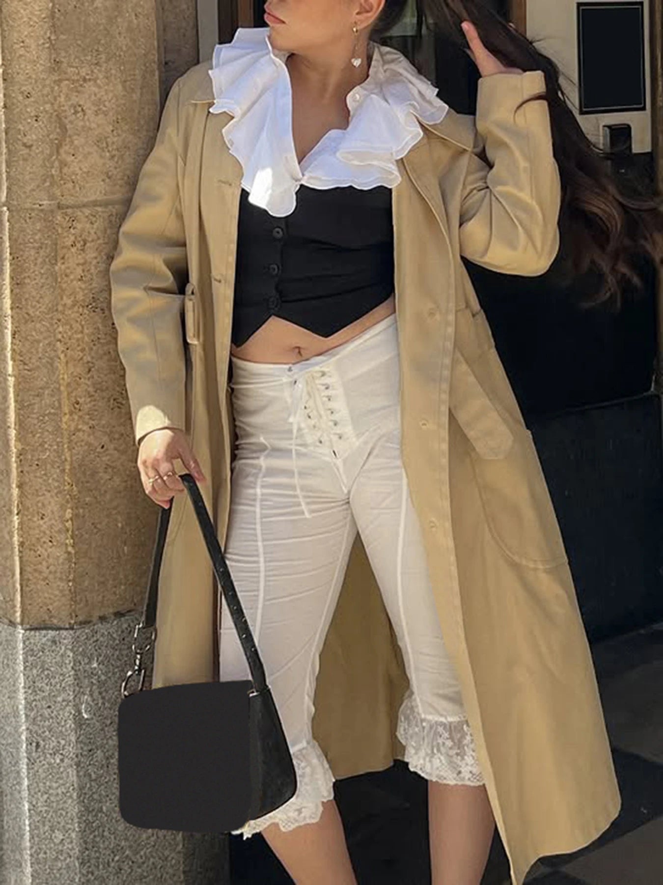 fashion Aesthetic Streetwear Basic White Middle Pants Lace Harajuku Slim Casual Elastic Bottoms Bandage Bodycon Trousers