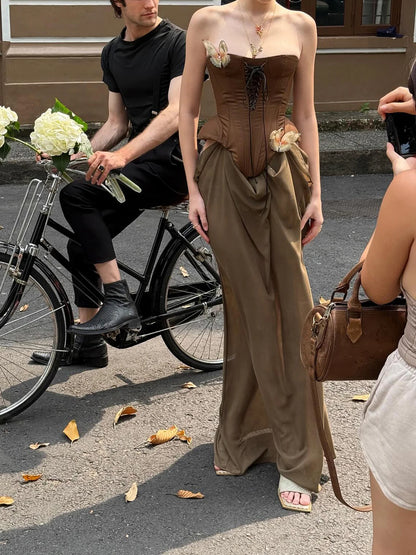 fashion Vacation Butterfly Decoration Slim Dress Sleeveless Corset Lower Hem Removable Retro Clothes Bodycon Chic Outfits