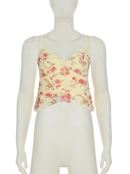 fashion Bodycon Sexy Backless Camisole Floral Print Sleeveless Retro Summer Cropped Tops Elastic Hottie Women's Clothing