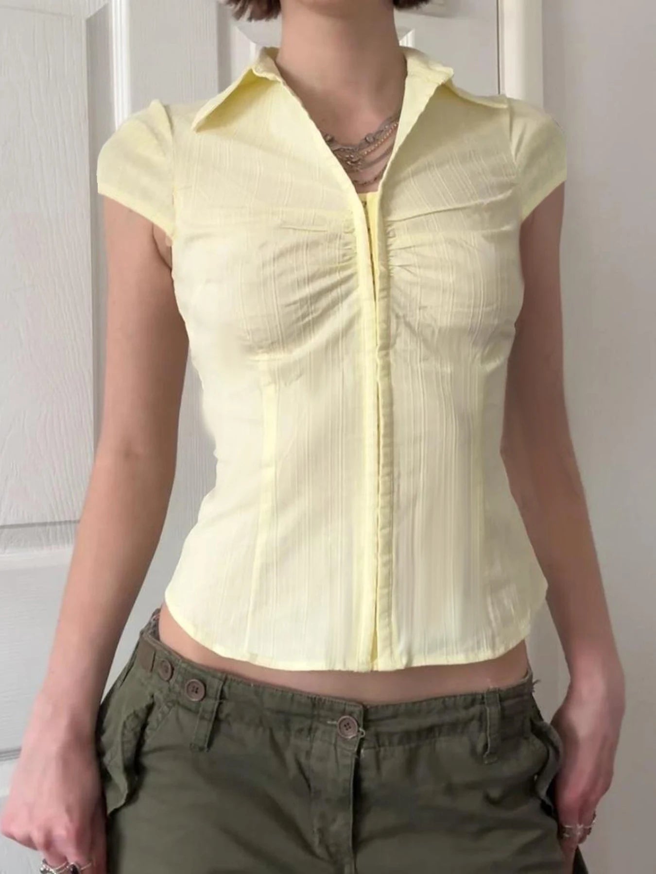 fashionHook V-neck Solid Fold Blouses Casual Streetwear Vintage 90s Short Sleeved Summer Tees Vintage Slim Sexy Tops