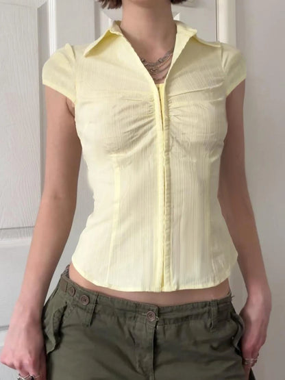 fashionHook V-neck Solid Fold Blouses Casual Streetwear Vintage 90s Short Sleeved Summer Tees Vintage Slim Sexy Tops