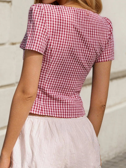 fashionVintage Plaid Print Slim Sexy Blouses Button Deep V-neck Harajuku Chic 90s Retro Shirt Hottie Y2k Classic Tops