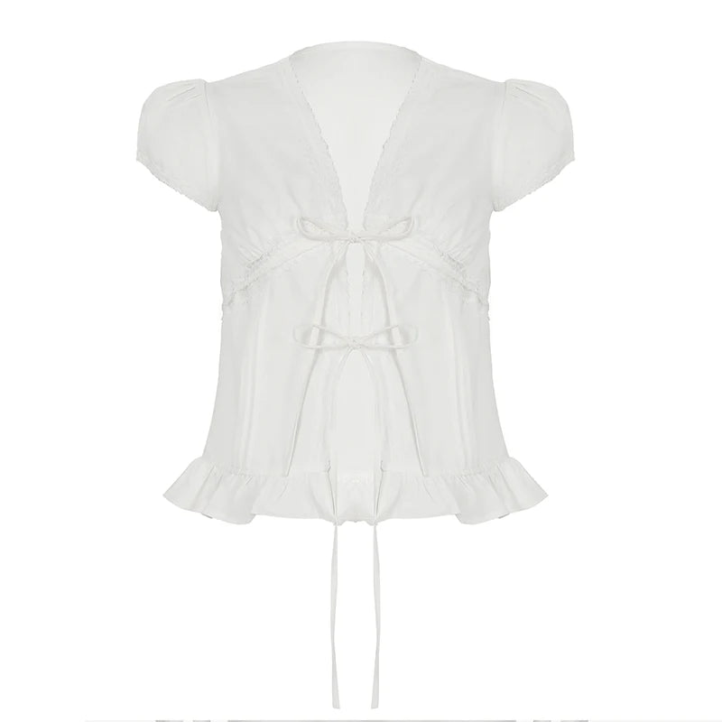fashionCute Sexy Lace Patchwork Shirt Deep V-neck Casual White Slim Clothes Sleeveless Fashionable Women's Top
