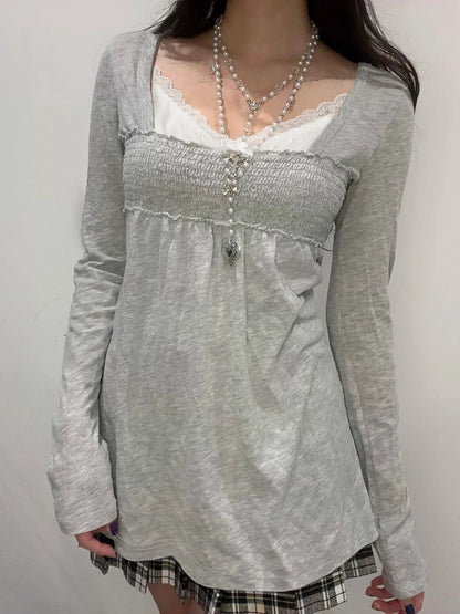 fashion Lace Patchwork Square Collar Sweet T-Shirts Y2K Aesthetic Fashion Long Sleeved Tops Vintage Harajuku Women Outfits