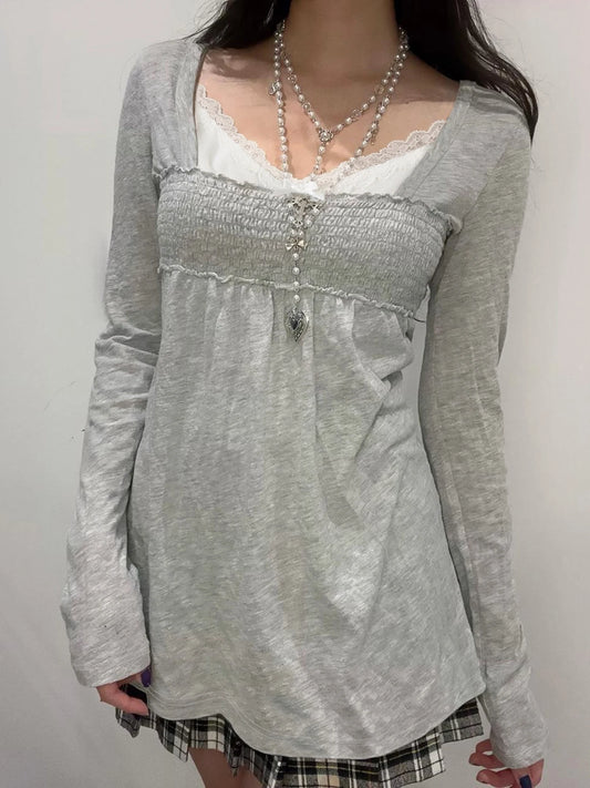 fashion Lace Patchwork Square Collar Sweet T-Shirts Y2K Aesthetic Fashion Long Sleeved Tops Vintage Harajuku Women Outfits