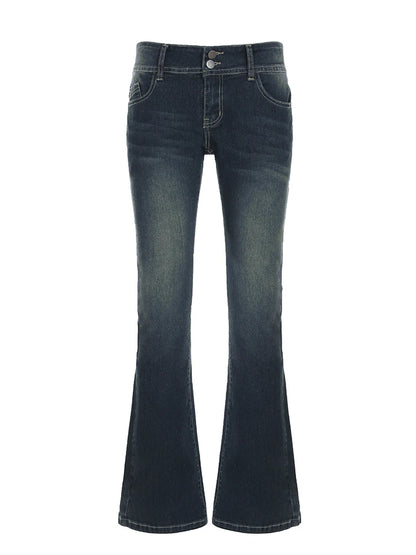 fashionFashion Low Waisted Washed Flared Jeans Button Harajuku Aesthetic Pants Streetwear Basic Slim Pockets Y2K Bottoms