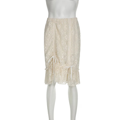 fashion Vintage Shirring Long Skirts Y2K Aesthetic Chic Knee-Length Outfits Streetwear Casual Solid Lace Fashion Bottoms