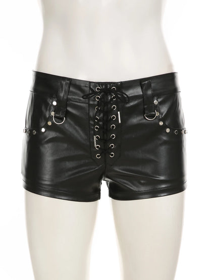 fashion Bandage Metal Pockets Dark Shorts Leather Sexy Hottie Bodycon Fashion Solid Clothes Casual Streetwear Bottoms