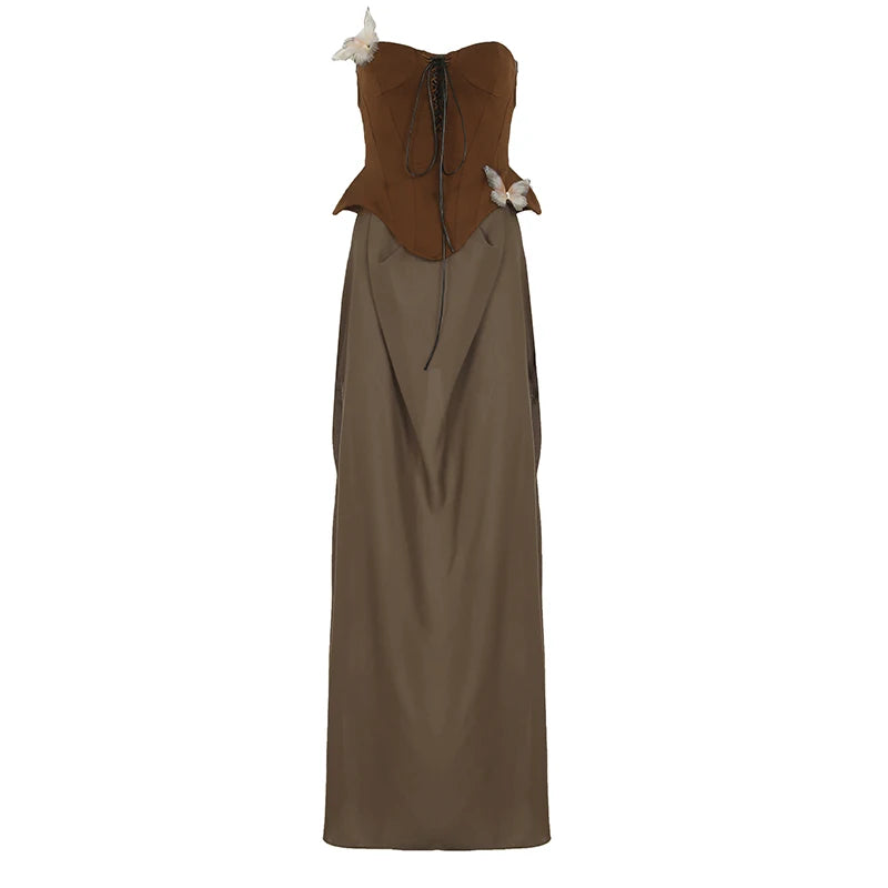 fashion Vacation Butterfly Decoration Slim Dress Sleeveless Corset Lower Hem Removable Retro Clothes Bodycon Chic Outfits