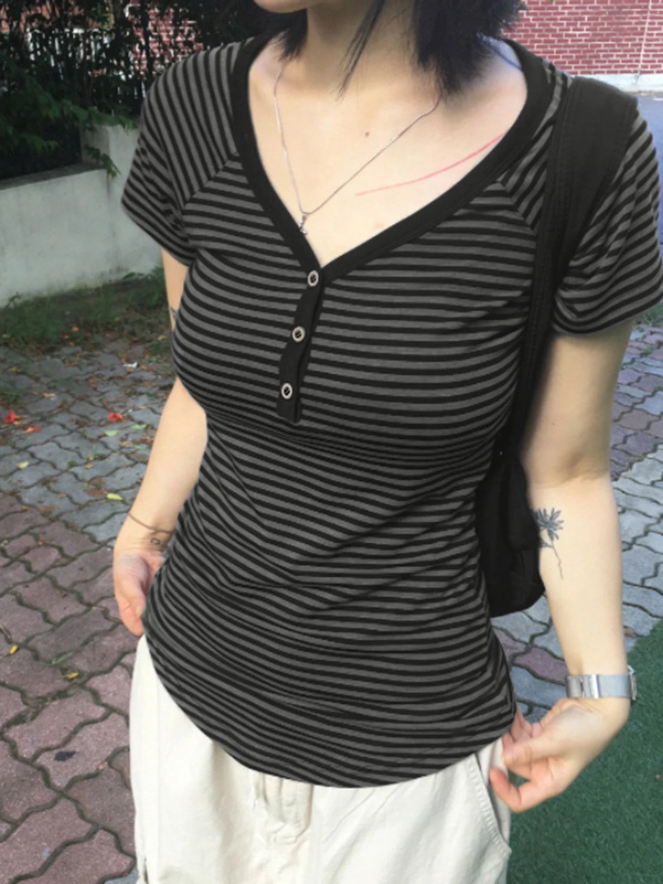 fashion Striped Print Buttons Up Women's Tops Fashion Streetwear Chic Aesthetic Korean Shirts Flare Sleeves Chic Tops