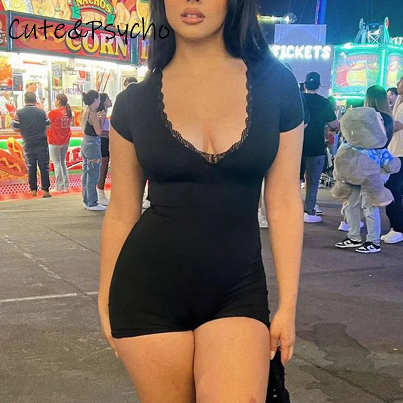 fashionShort Sleeves Slim Rompers for Women Lace Patchwork Casual Black Pullovers Streetwear Basic Fashion Y2K Jumpsuits